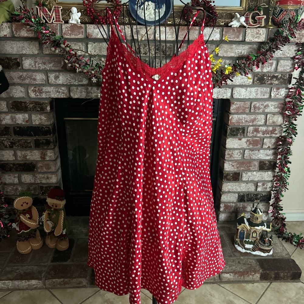 VTG 90s Maggie Lawrence Red White Polk-Dot Lace Faux Satin Slip Nightgown Sz 1X